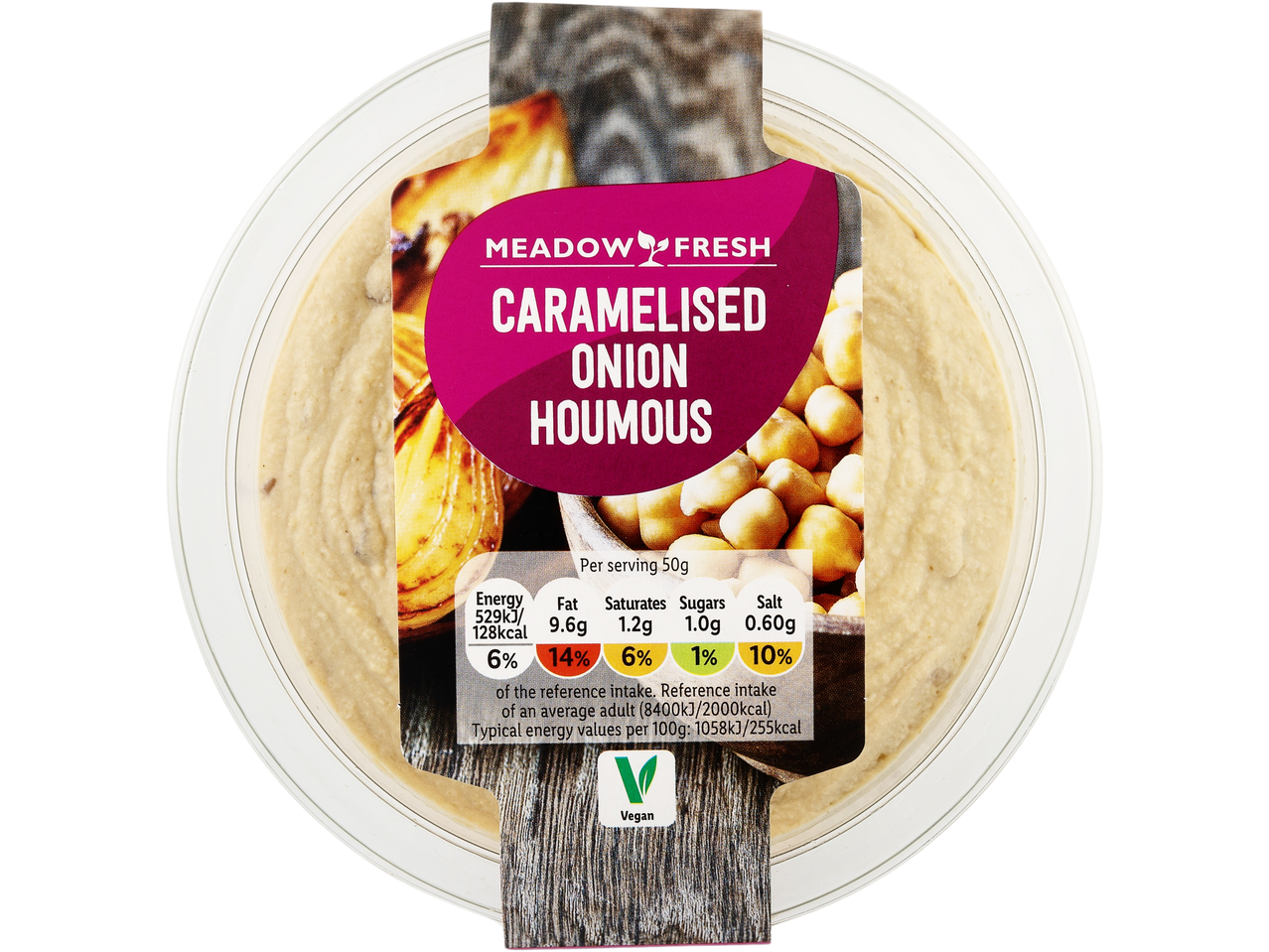 Meadow Fresh caramelised onion houmous: vegan, in a container.