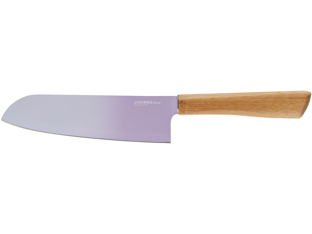 Coltello da cucina con lama viola e manico in legno chiaro, con il logo 'LIVARNO home'.