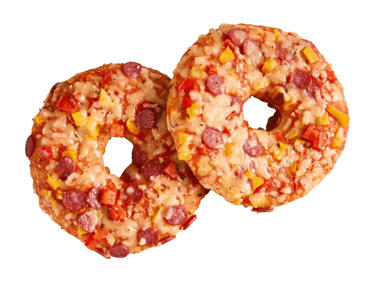 Kaksi pyöreää minipizzaa, joissa on salamia, paprikaa ja juustoa mustalla taustalla.