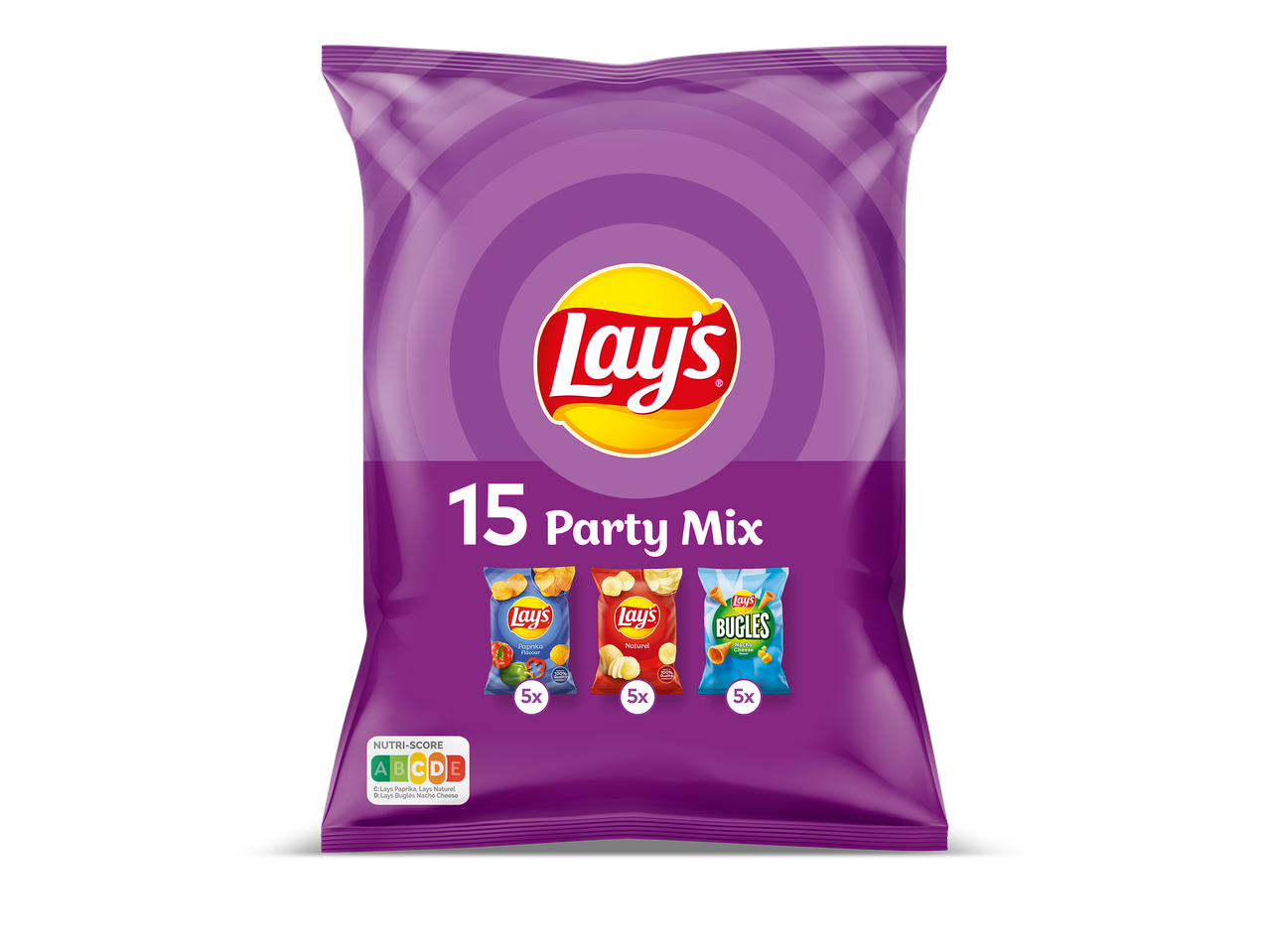 Paarse zak met 15 zakjes chips, waaronder paprika, naturel en nacho cheese smaken, met Nutri-Score C en D.