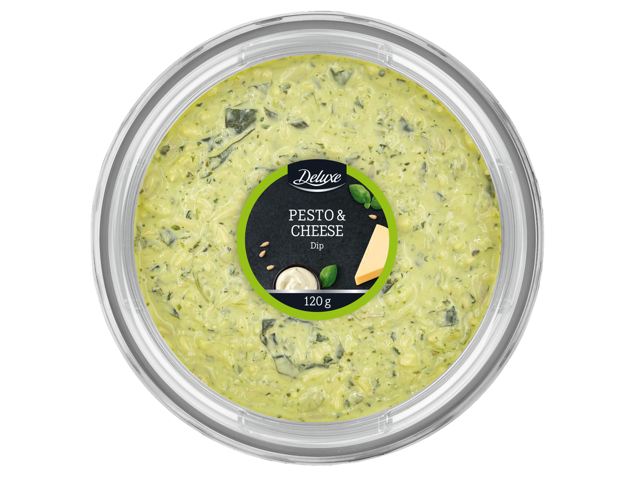 Deluxe pesto un sieru mērce (120 g) caurspīdīgā plastmasas traukā.