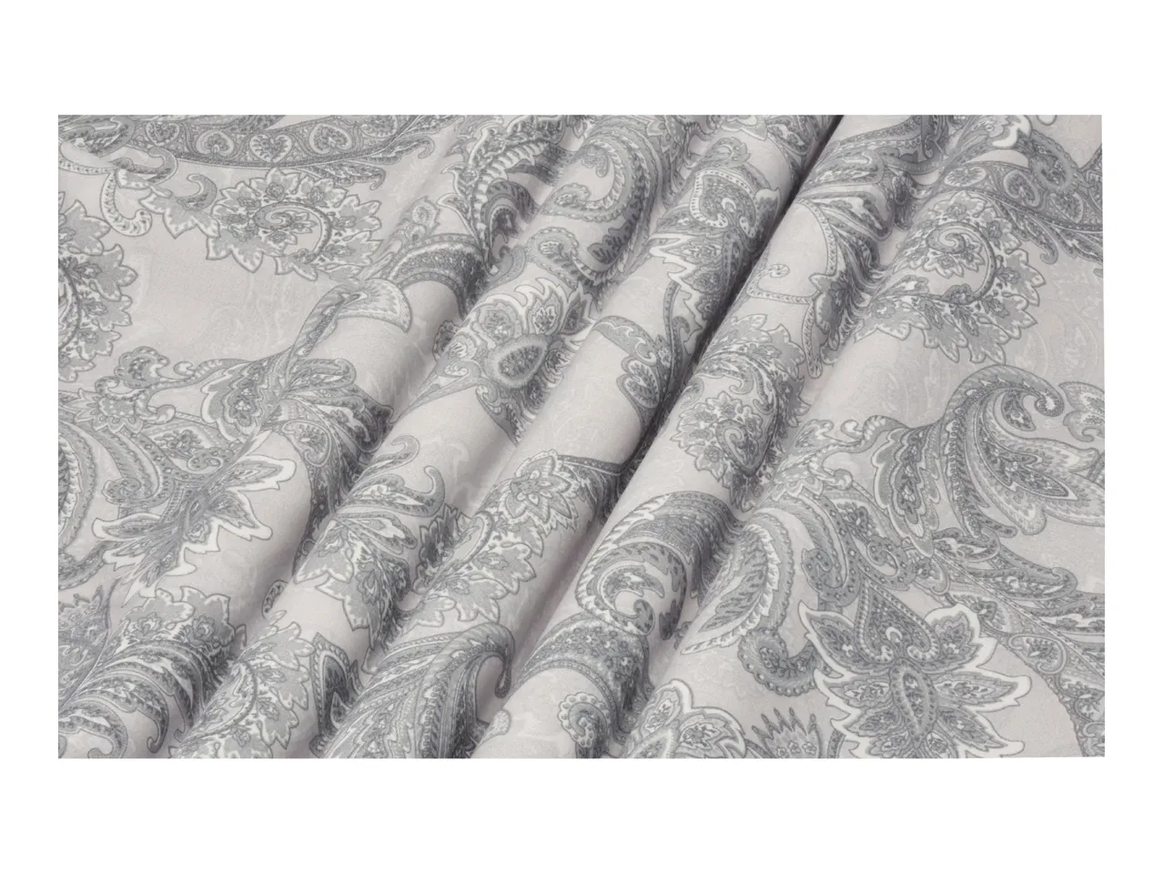 Light grey fabric with a dark grey and white paisley pattern, draped in folds.
