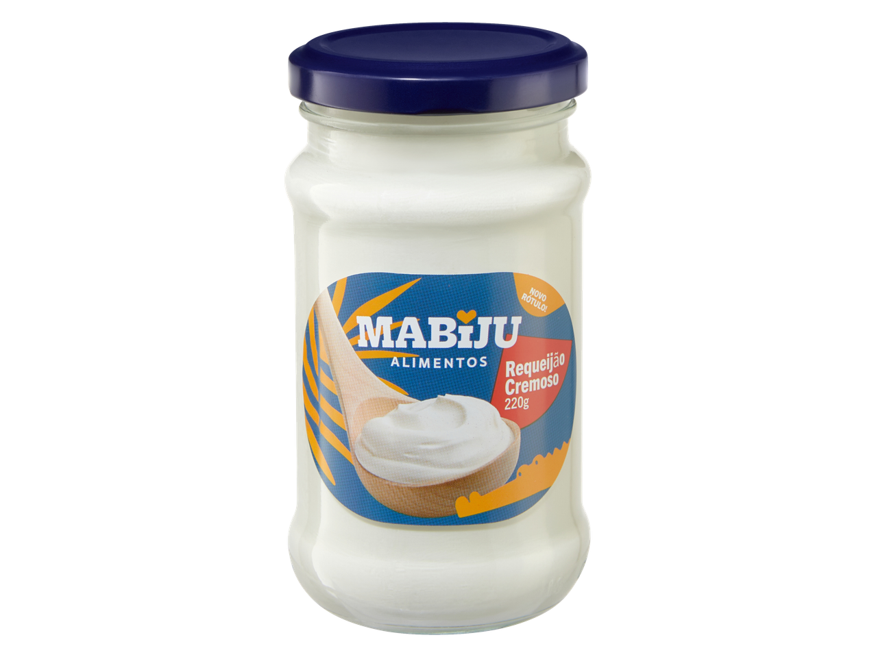 Mabiju creamy cheese spread in a glass jar with a blue lid.
