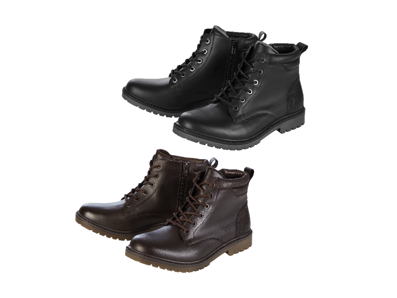 Dvi poros odinių aulinukų: juodi ir rudi, su raišteliais ir užtrauktukais.