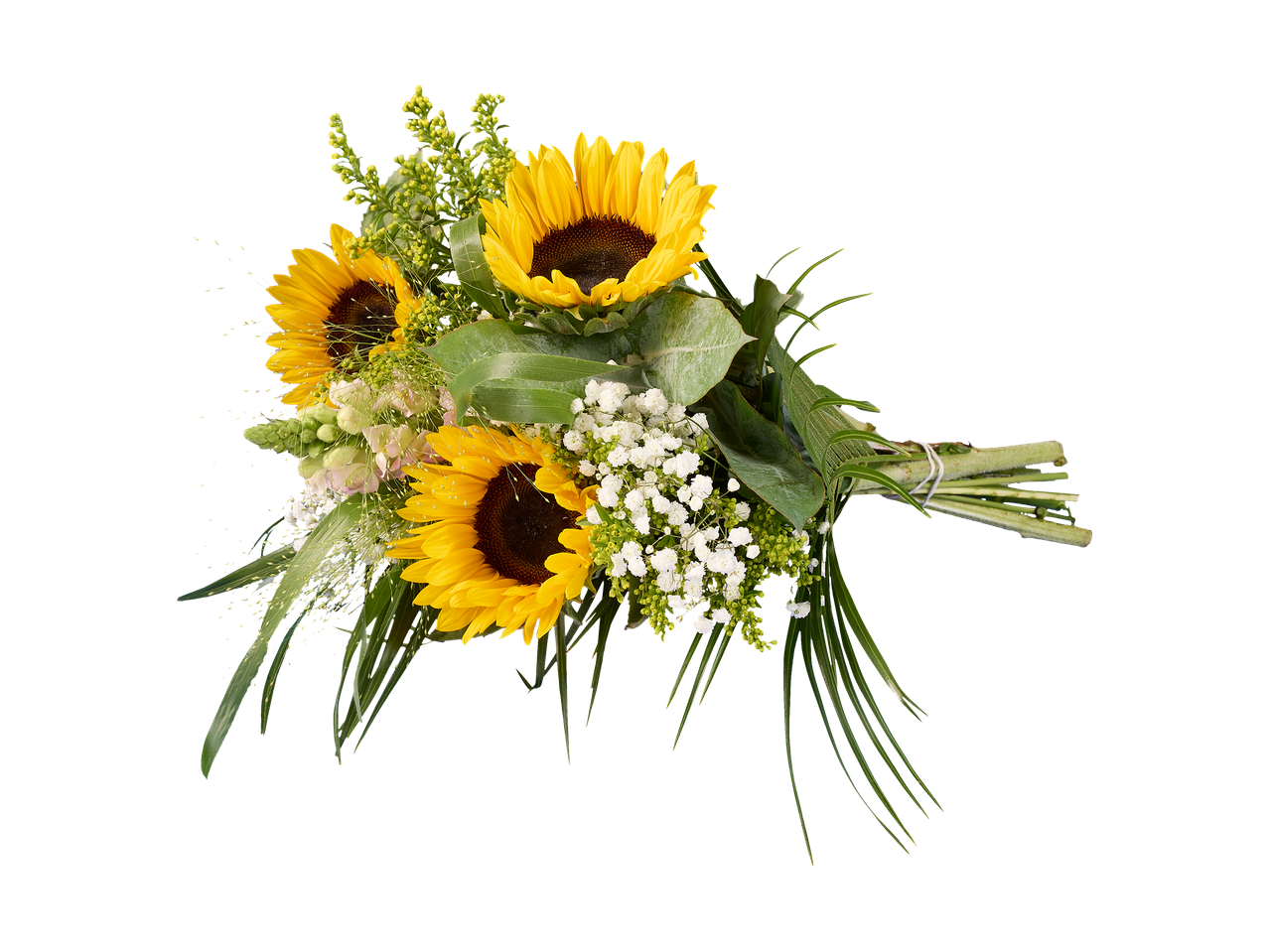 Boeket met zonnebloemen, gipskruid en groen op een zwarte achtergrond.