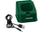 Estação de carregamento verde PARKSIDE com cabo USB.
