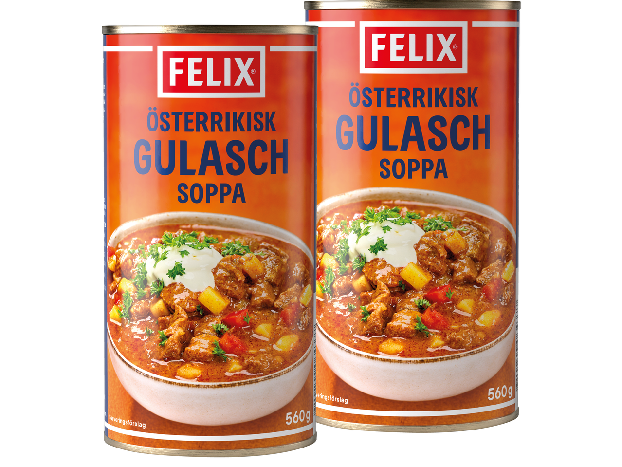Två burkar Felix Österrikisk Gulasch Soppa med en bild av gulasch i en skål.