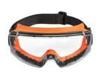 Orange and clear safety goggles with a black elastic strap.