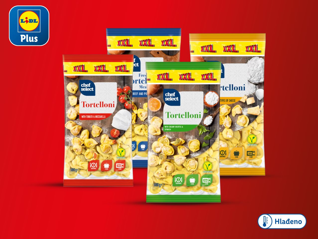 Lidl Plus Chef Select tortelloni: tri vrste XXL pakiranja zamrznutih tortellona.