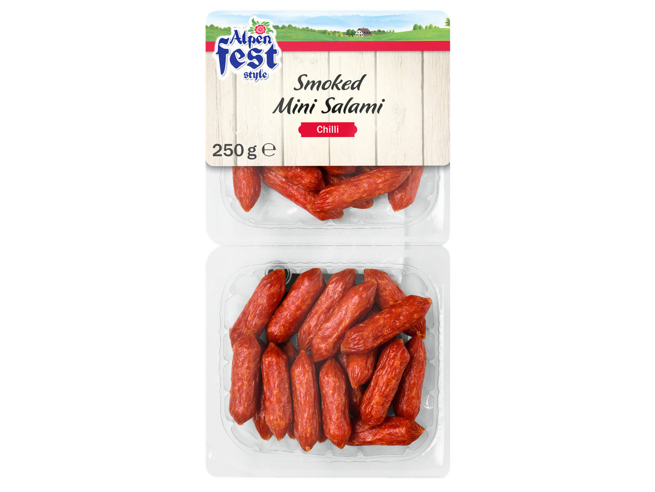 Smoked Mini Salami with Chilli, 250g, in clear plastic packaging.