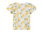 White t-shirt with a lemon and leaf pattern, back view.