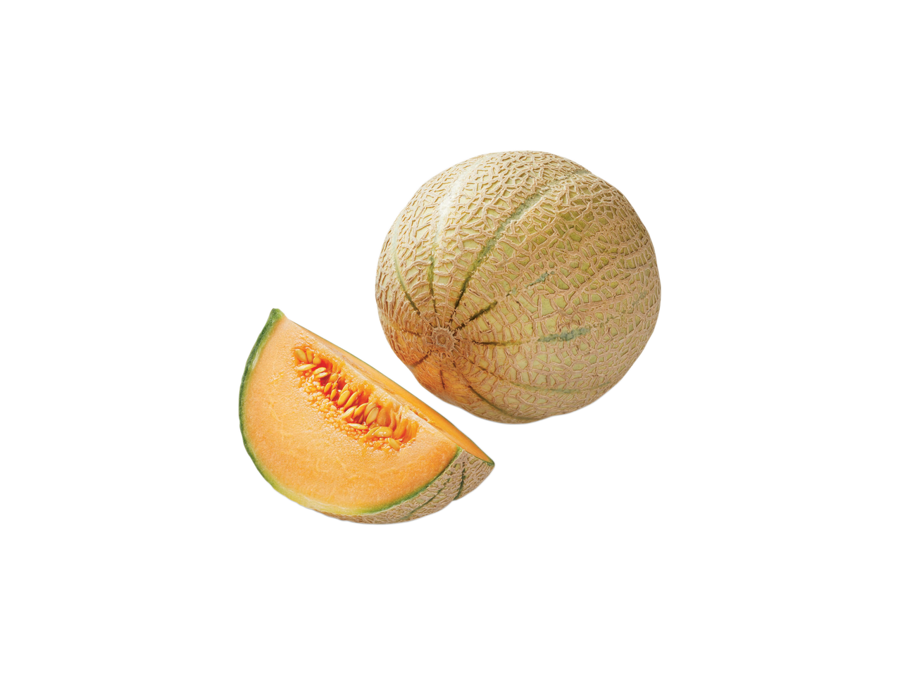 Un melone intero e una fetta di melone con semi su sfondo nero.