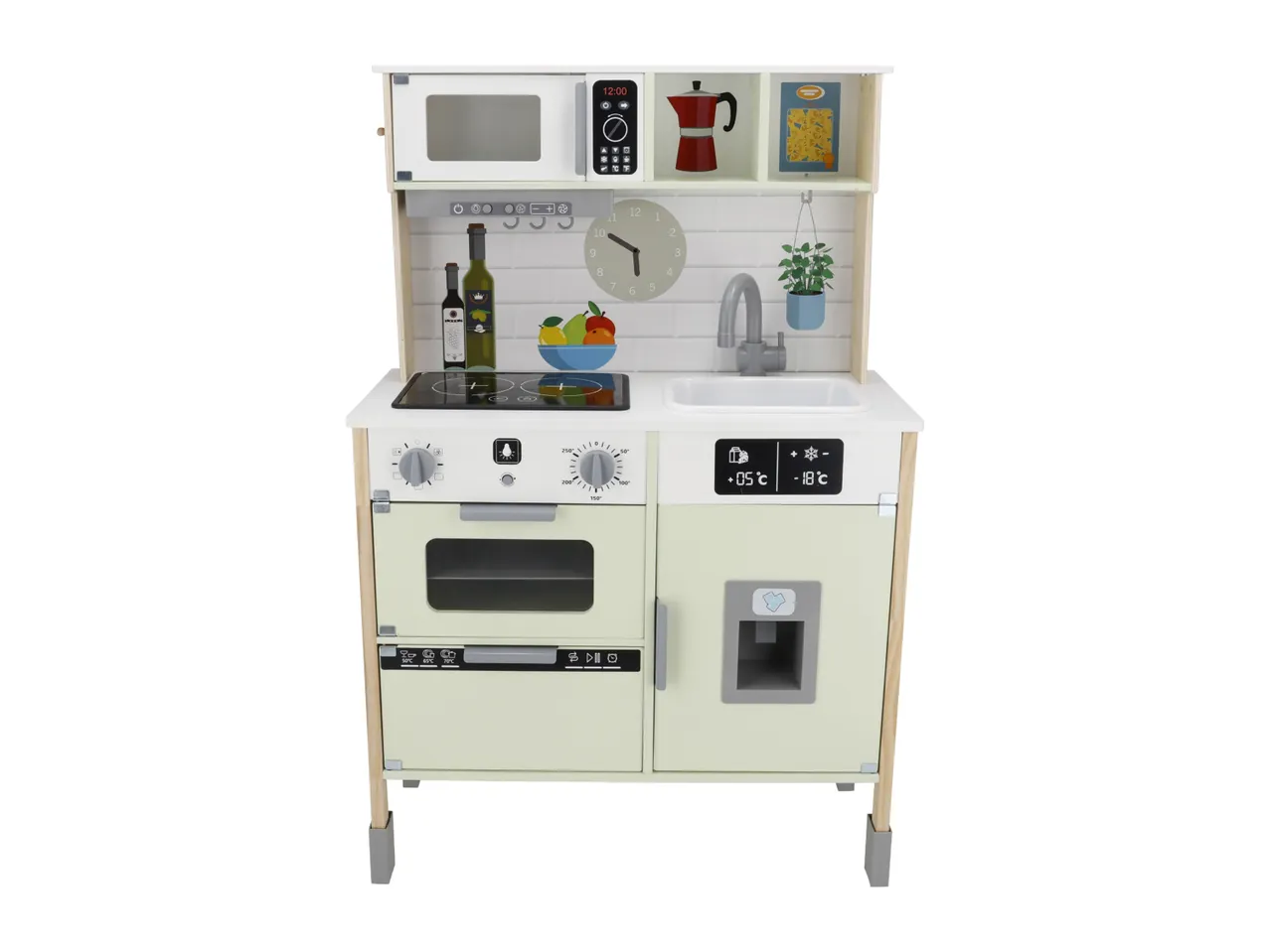 A wooden play kitchen with a microwave, stove, oven, sink, and refrigerator.