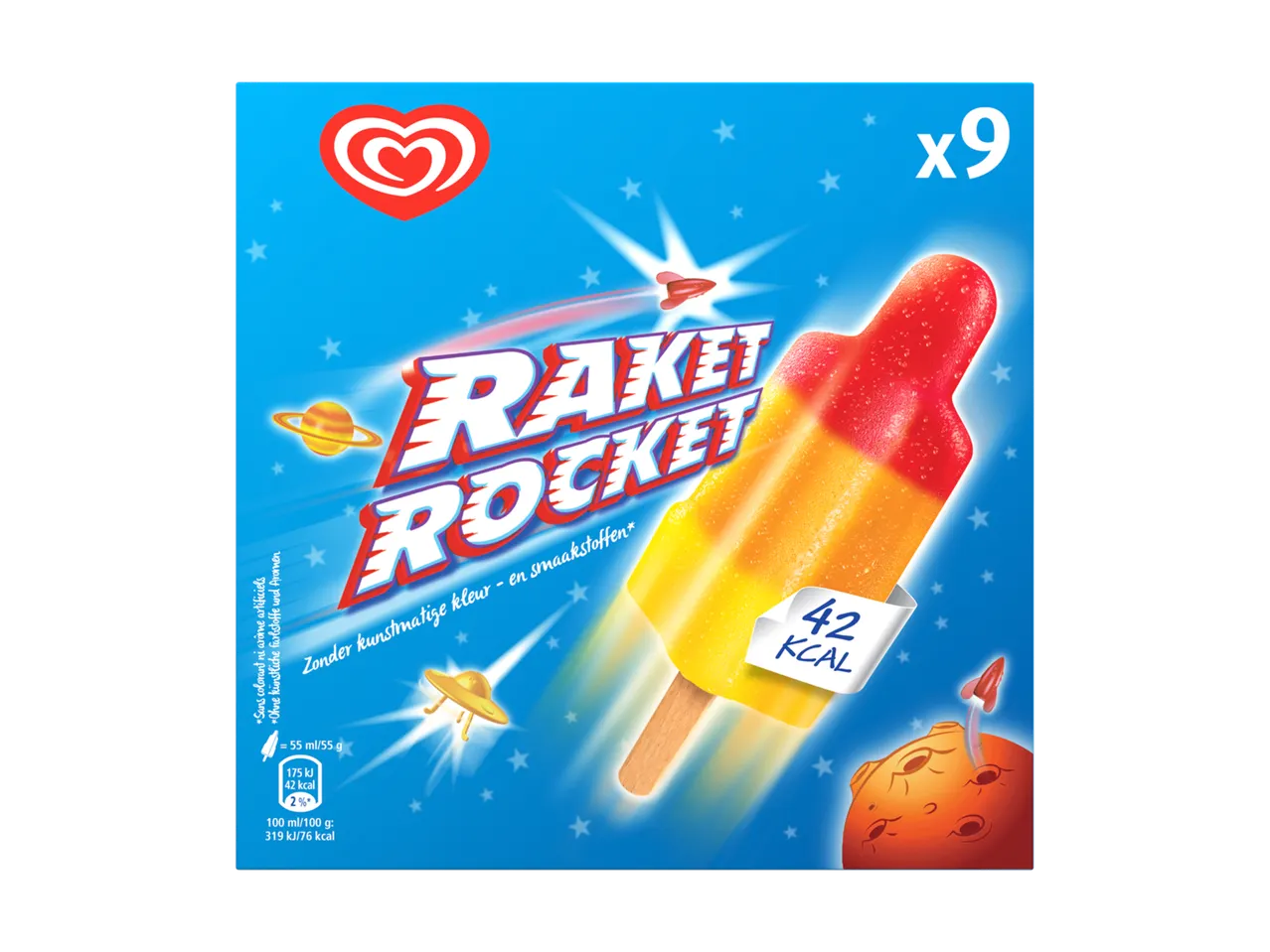 Verpakking van raketijsjes met een ruimtevaartthema, inclusief een ijsje en voedingsinformatie.