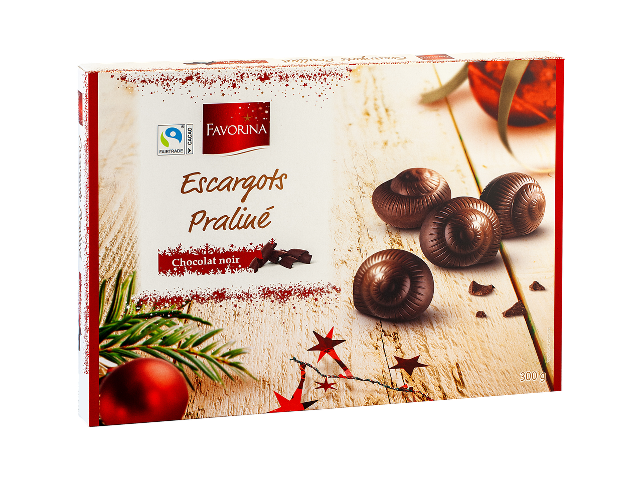 Boîte de chocolats Favorina Escargots Praliné, chocolat noir, 300g, thème de Noël.