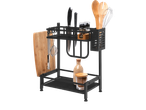 Prateleira de metal LIVARNO home com utensílios de cozinha, especiarias e tábua de corte.