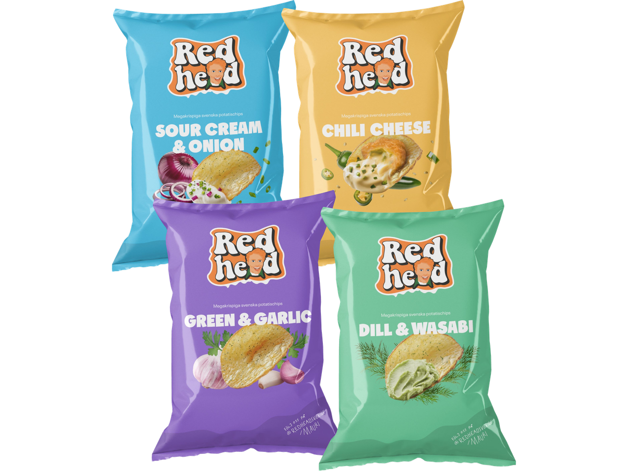 Fyra påsar Red Head potatischips med olika smaker: Sour Cream & Onion, Chili Cheese, Green & Garlic och Dill & Wasabi.