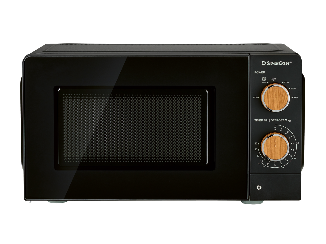 SILVERCREST® 700W Microwave with black finish and wooden-look dials.