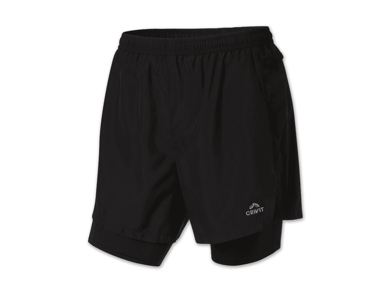 Schwarze Crivit 2-in-1 Laufshorts mit seitlicher Tasche.