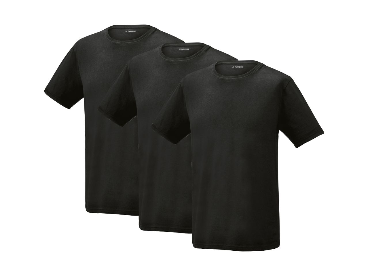 Tre sorte Parkside t-shirts stablet oven på hinanden.