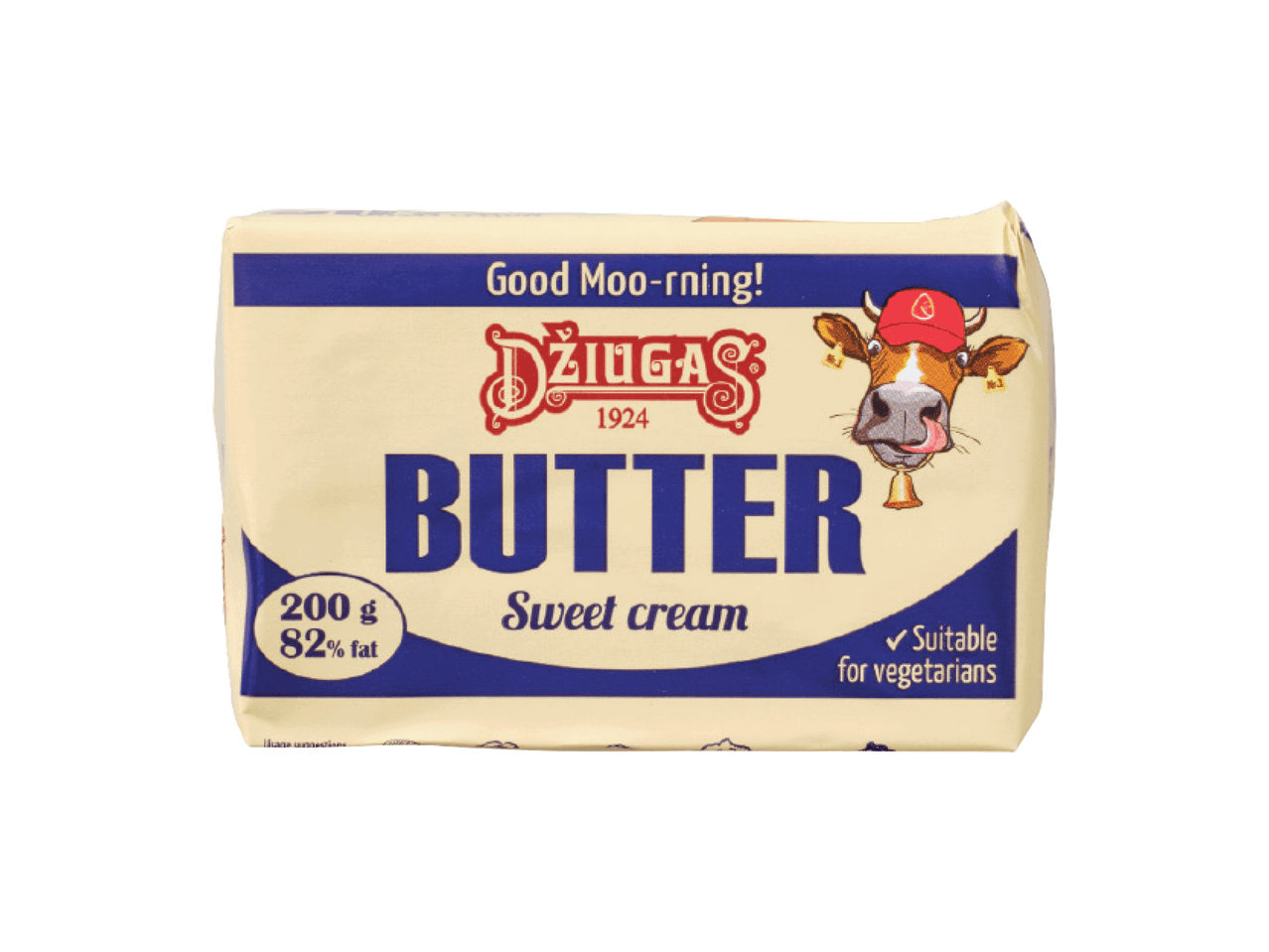 Või pakend kirjaga 'Good Moo-rning! BUTTER Sweet cream', 200g, 82% rasva, sobib taimetoitlastele.