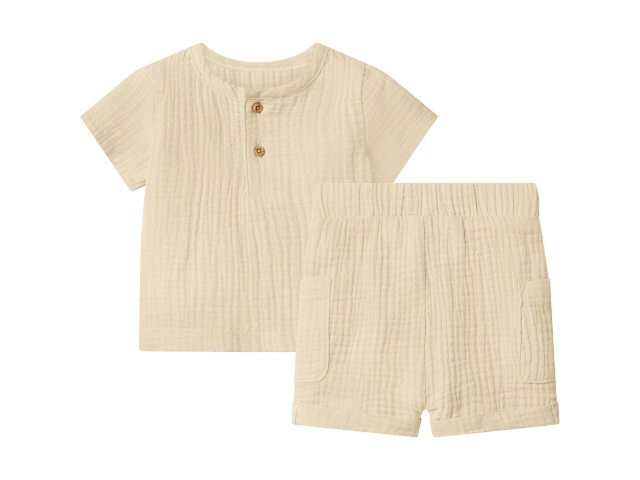 Sæt med kortærmet skjorte og shorts i beige musselin til babyer.
