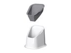 Two plastic containers, one gray and one white, designed for storage or waste.
