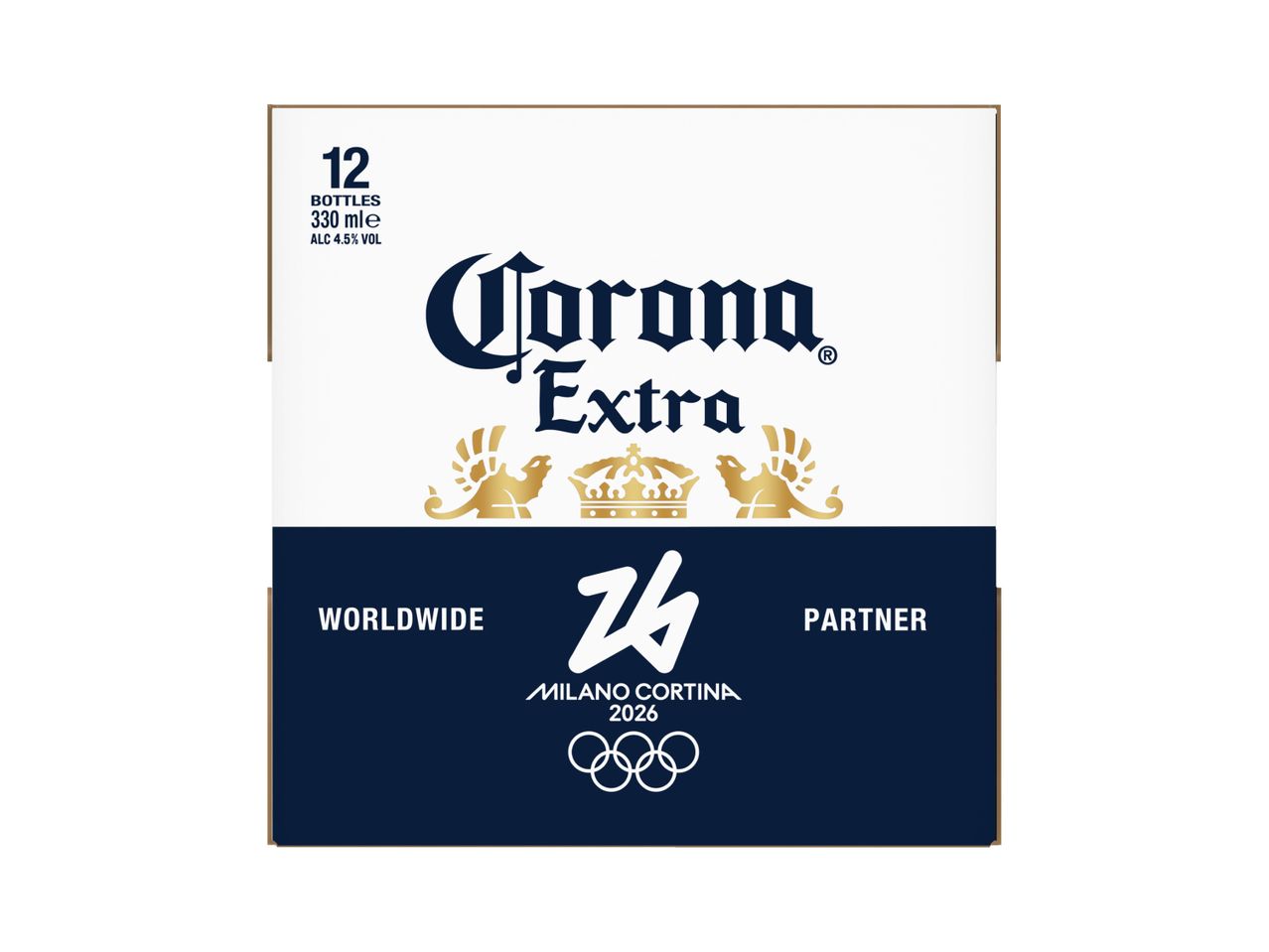 Beer packaging with 12 bottles, 330ml each, 4.5% alcohol, featuring a winter sports event logo.
