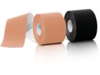 Sensoplast® Kinesiology Tapes in beige and black, with one unrolled tape.