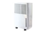 White portable dehumidifier with wheels and a water level indicator