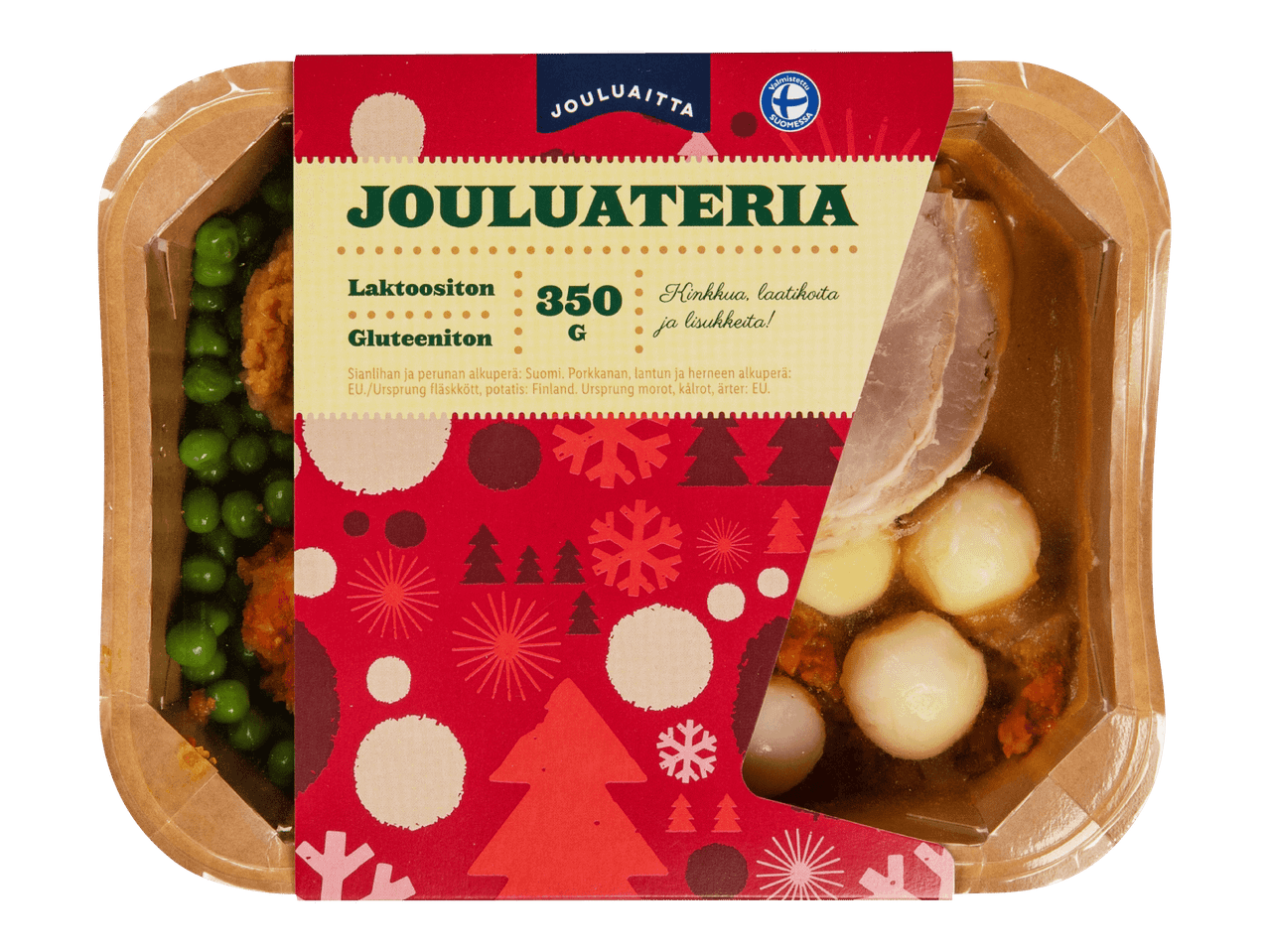 Jouluaitta Jouluateria: kinkkua, laatikoita ja lisukkeita, laktoositon ja gluteeniton.