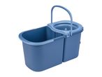 Blue mop bucket with two compartments and a wringer, isolated on a white background.