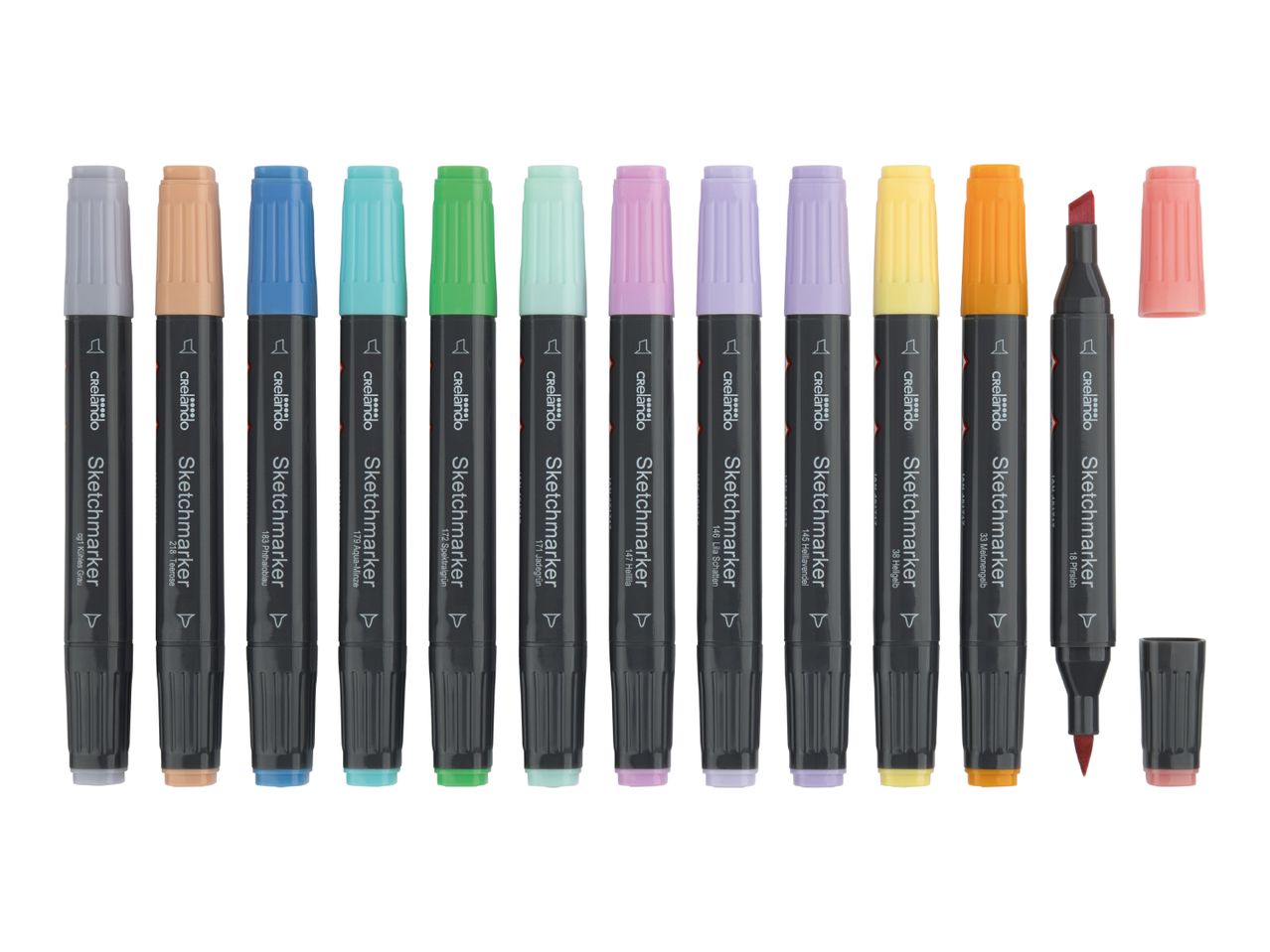 A row of colorful sketch markers in various pastel shades, with one marker uncapped showing its nib.