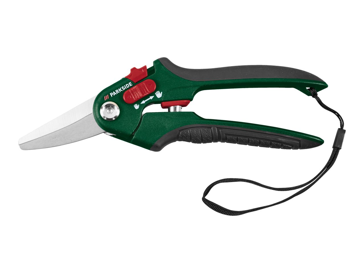 Green and black garden shears with red accents and a black wrist strap