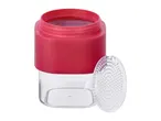 Red and clear plastic container with a textured lid, ideal for food storage.