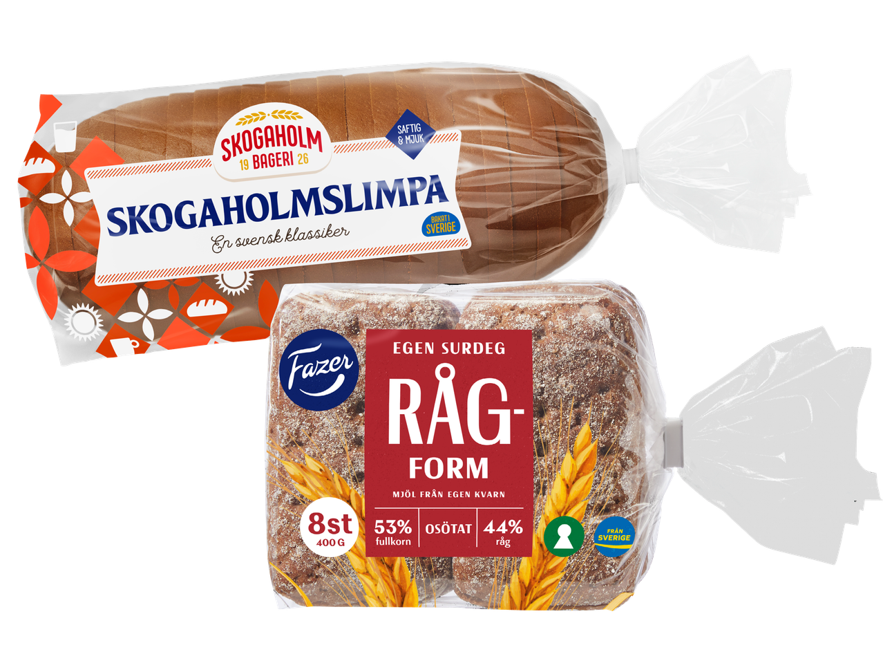 Två brödpaket: Skogaholmslimpan och Fazers rågform.