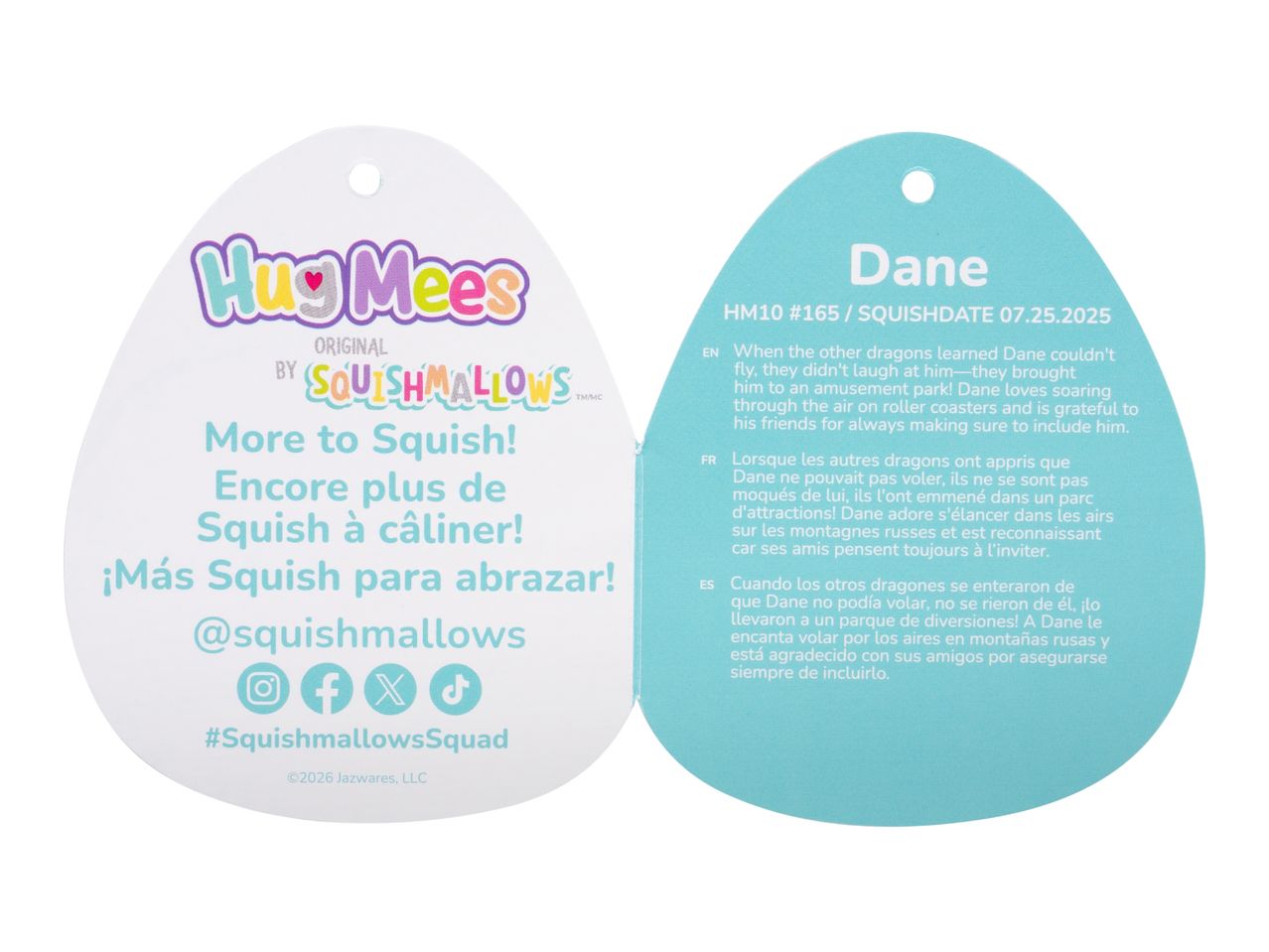 A tag for a plush toy, featuring the name 'Dane' and a description in English, French, and Spanish.