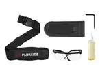 Shoulder strap, blade cover, safety glasses, hex key, and oil bottle.