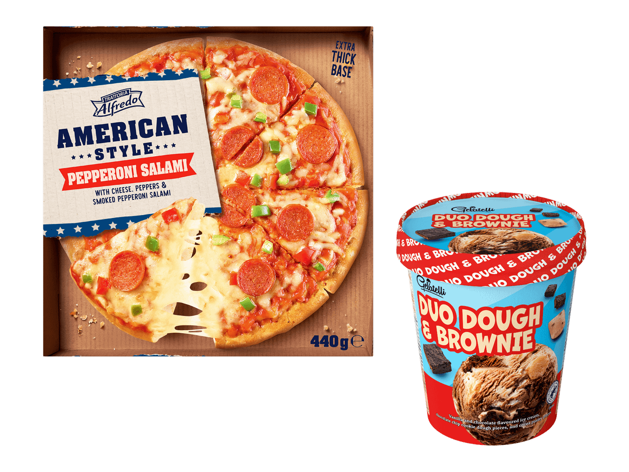 Amerikkalaistyylinen pepperoni-pitsa ja duo dough & brownie -jäätelö.