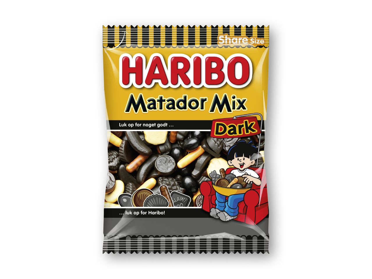 En Haribo Matador Mix Dark slikpose med en tegneseriefigur, der sidder i en stol og spiser slik.