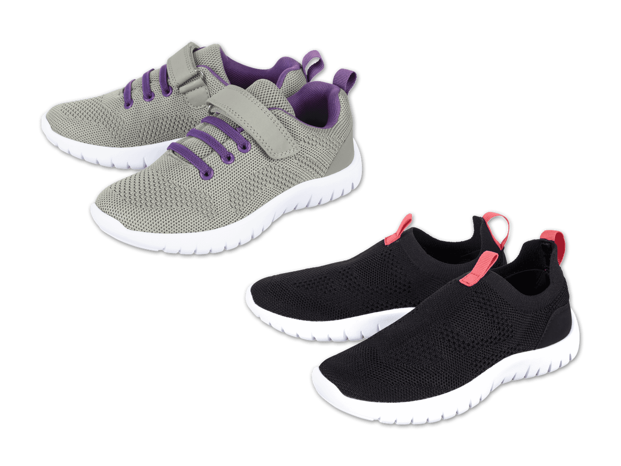 Zwei Paar Sportschuhe: graue mit lila Schnürsenkeln und schwarze mit roten Laschen.