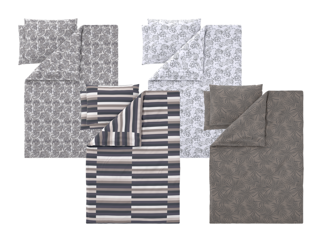 Setovi posteljine s uzorcima: sivi paisley, bijeli cvjetni, prugasti i smeđi s lišćem.