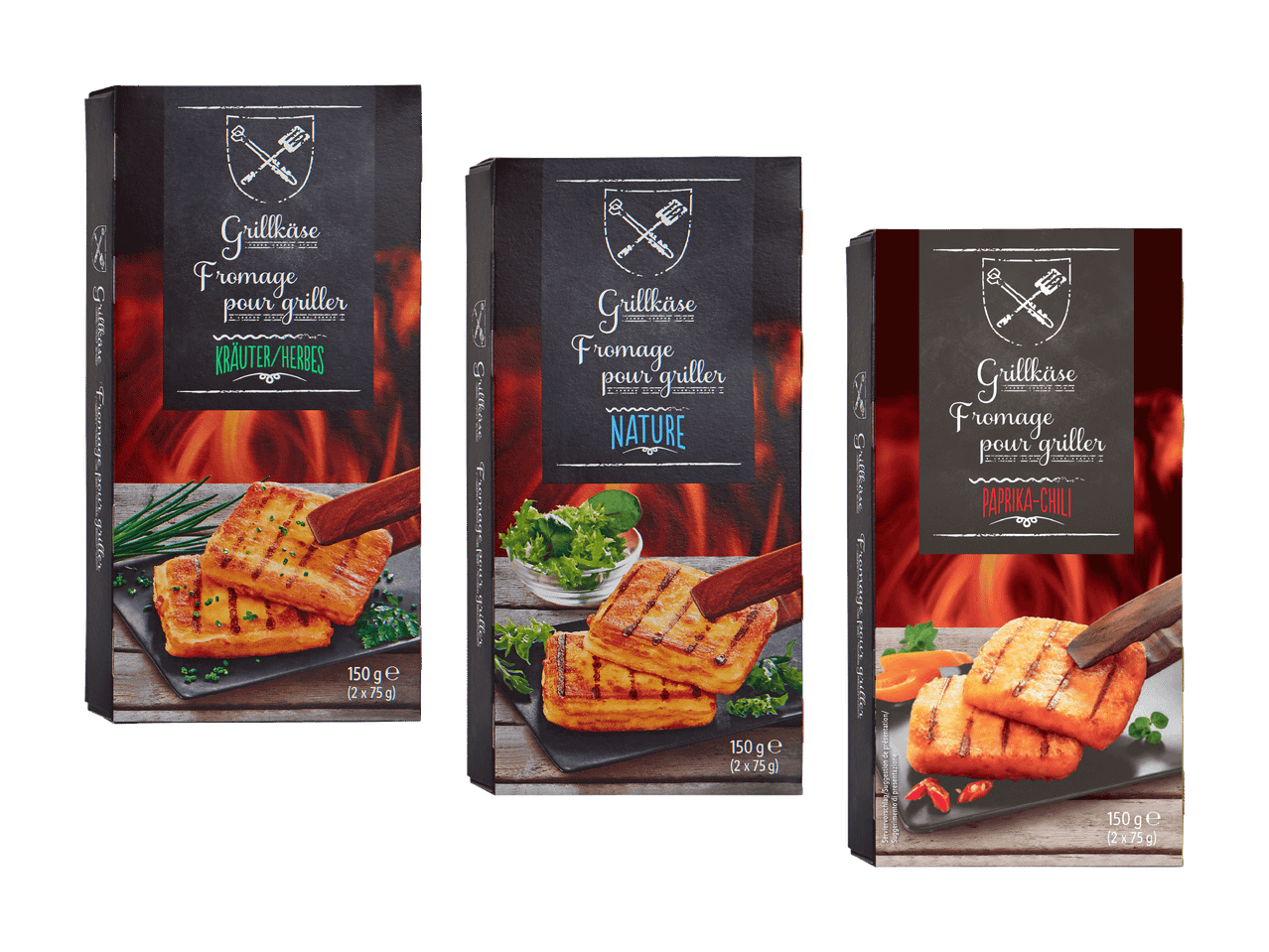Drei Packungen Grillkäse in den Sorten Kräuter, Natur und Paprika-Chili, mit Bildern von gegrilltem Käse.