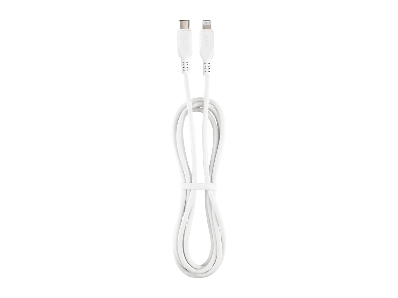 White USB-C to Lightning charging cable, coiled and secured with a tie