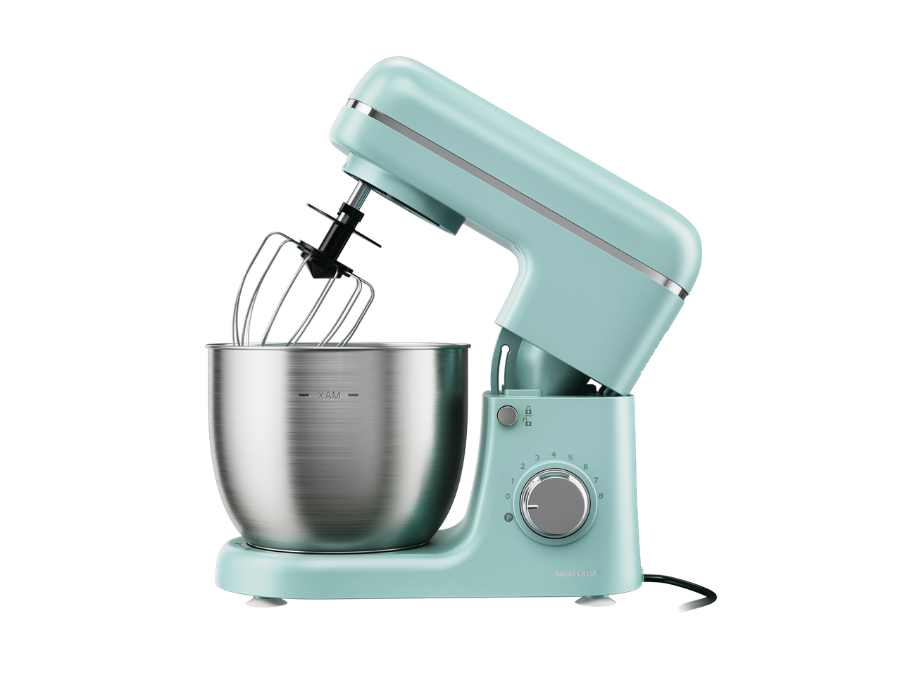 SILVERCREST® KITCHEN TOOLS virtuvinis kombainas, turkio spalvos, su nerūdijančio plieno dubeniu ir plaktuvu.