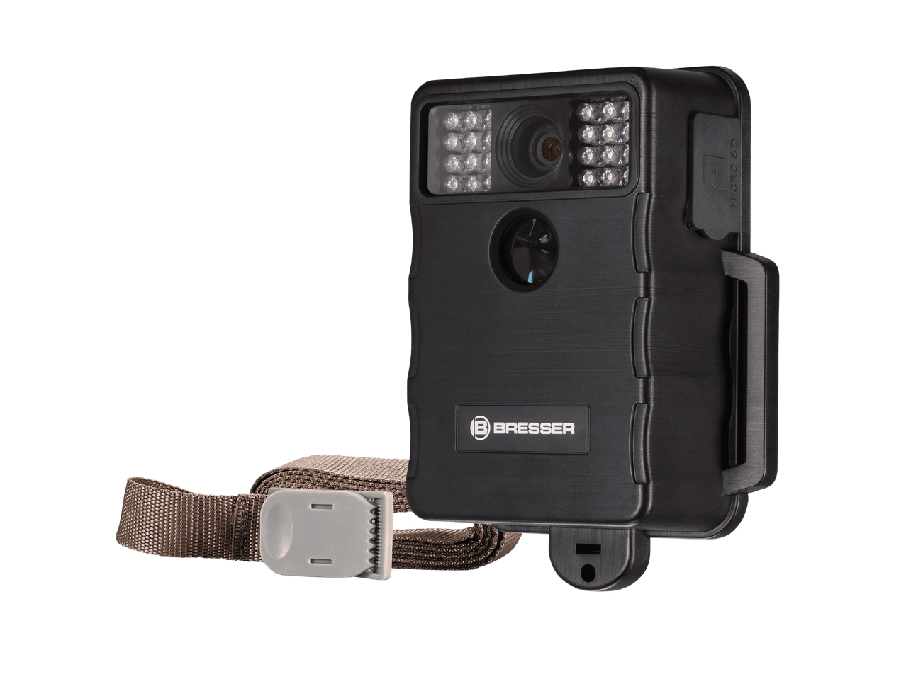 Une caméra de chasse Bresser noire avec des lumières LED et une sangle de fixation.