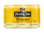 Zes blikjes tarwebier met een koning die een bierpul vasthoudt, 5,7% alcohol.