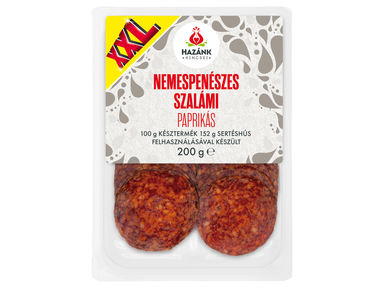 Paprikás nemespenészes szalámi, 200g-os kiszerelésben, XXL jelöléssel.