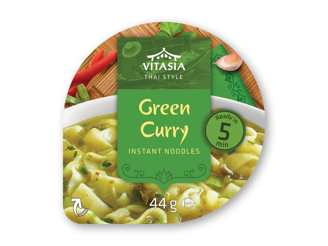 Vitasia Thai Style Green Curry Instant Noodles (44g), klar på 5 minutter.