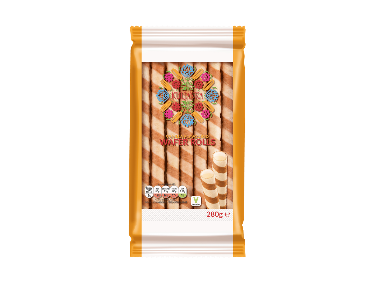 KULJANKA Vanilla Flavoured Wafer Rolls (280g), packaged in a gold and white bag.